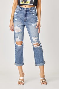 High Rise Distressed Straight Leg Jeans
