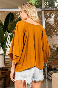 Camel V Neck Raw Edge Top