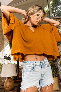 Camel V Neck Raw Edge Top