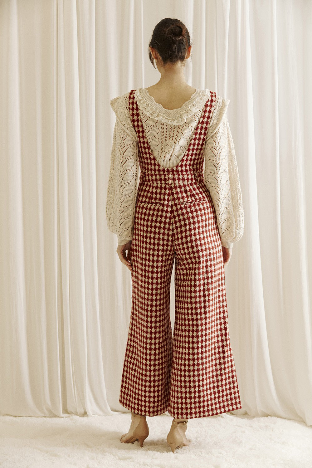 Red/Taupe Houndstooth Tweed Jumpsuit