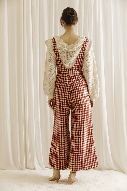 Red/Taupe Houndstooth Tweed Jumpsuit