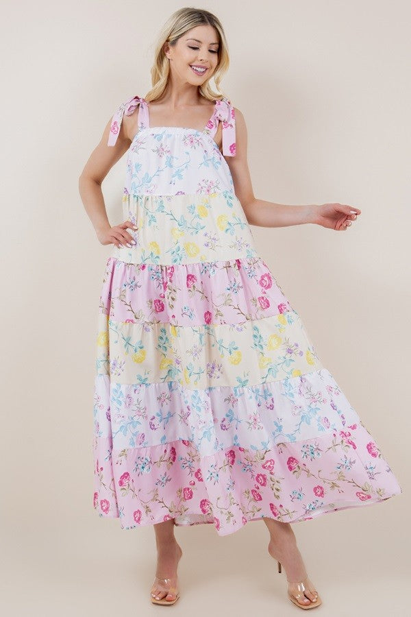 Floral Print Color Block Midi