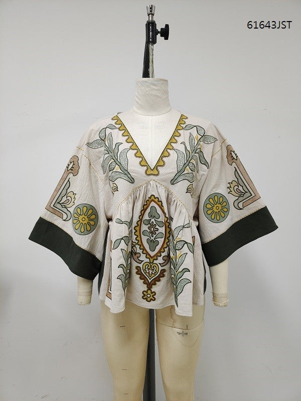 Taupe/Olive Embroidered V Neck Top