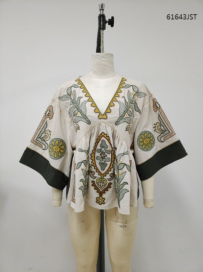 Taupe/Olive Embroidered V Neck Top