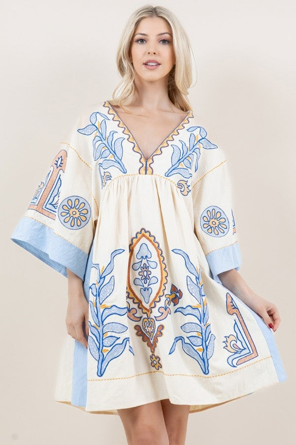 Blue/Ivory Embroidered V Neck Dress