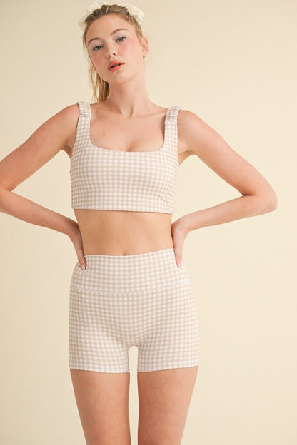 Beige Gingham Mini Shorts