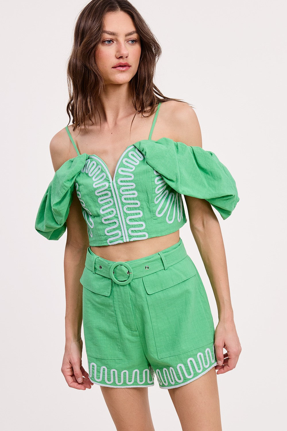 Green Embroidered Off Shoulder Top