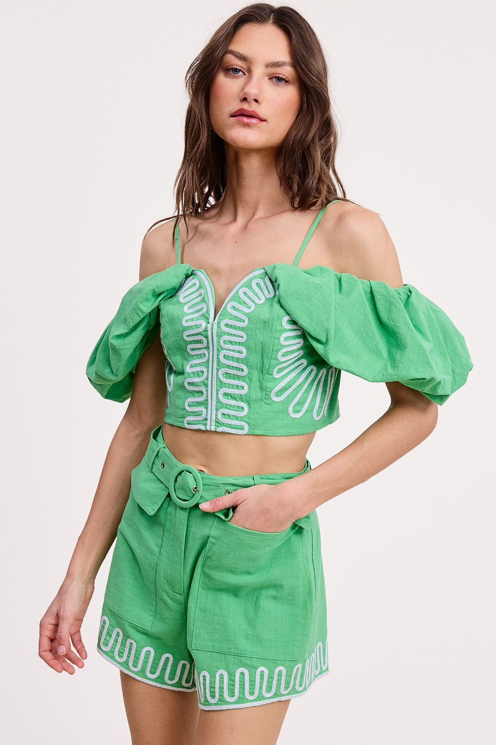 Green Embroidered Off Shoulder Top