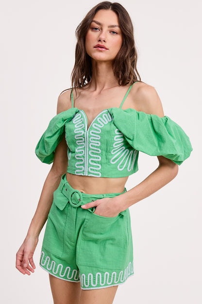 Green Embroidered Off Shoulder Top