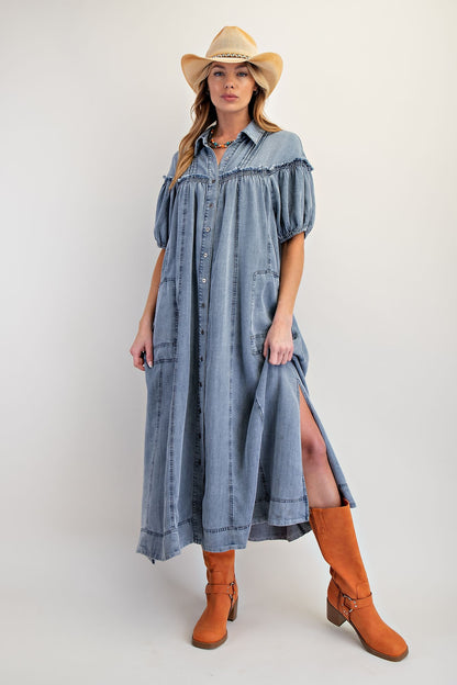 Denim Button Down Washed Maxi Dress