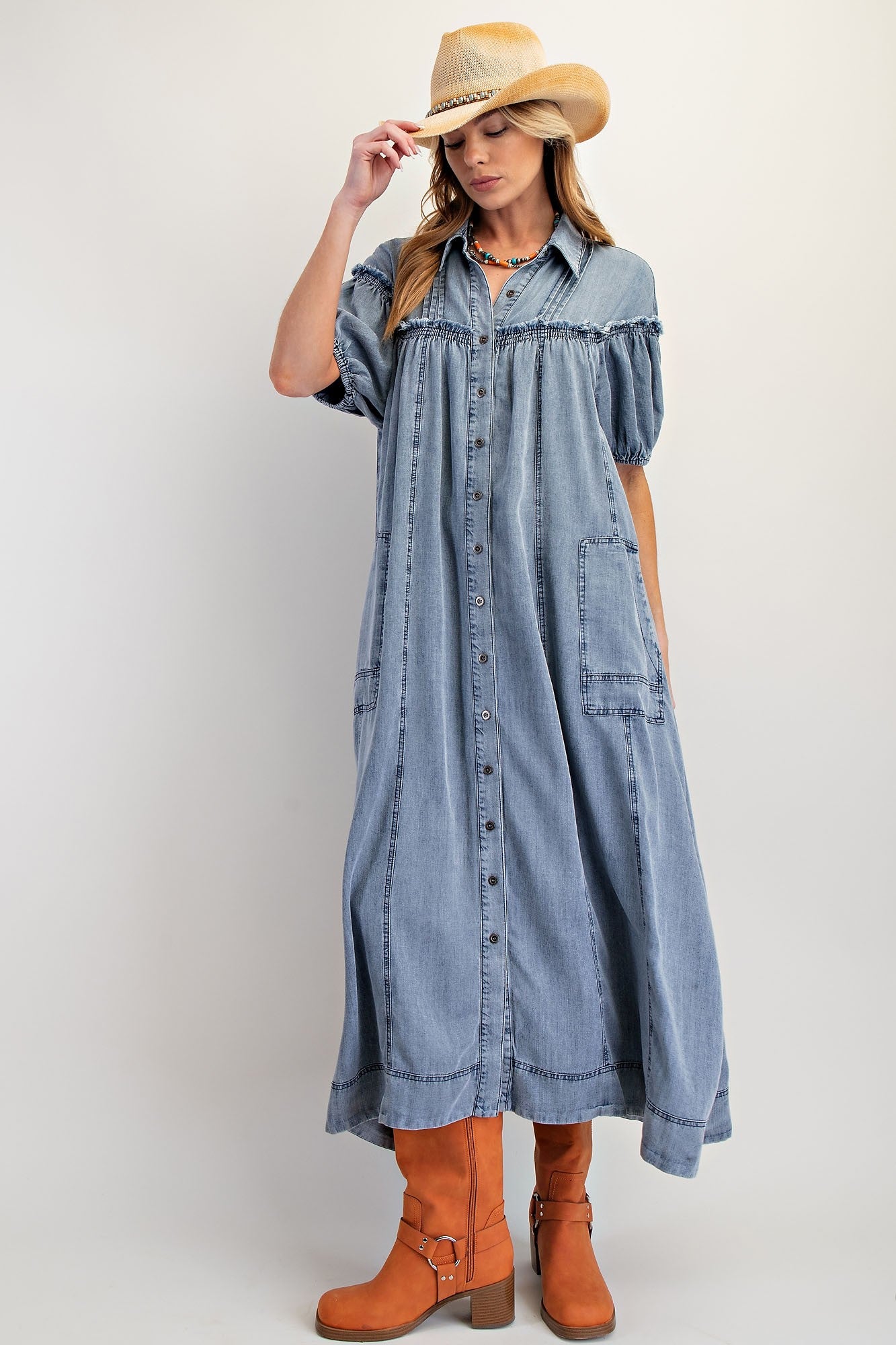 Denim Button Down Washed Maxi Dress