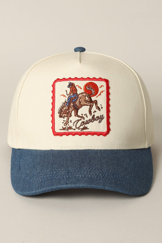Detailed Cowboy Horse Embroidery Patch Dark Denim Cap