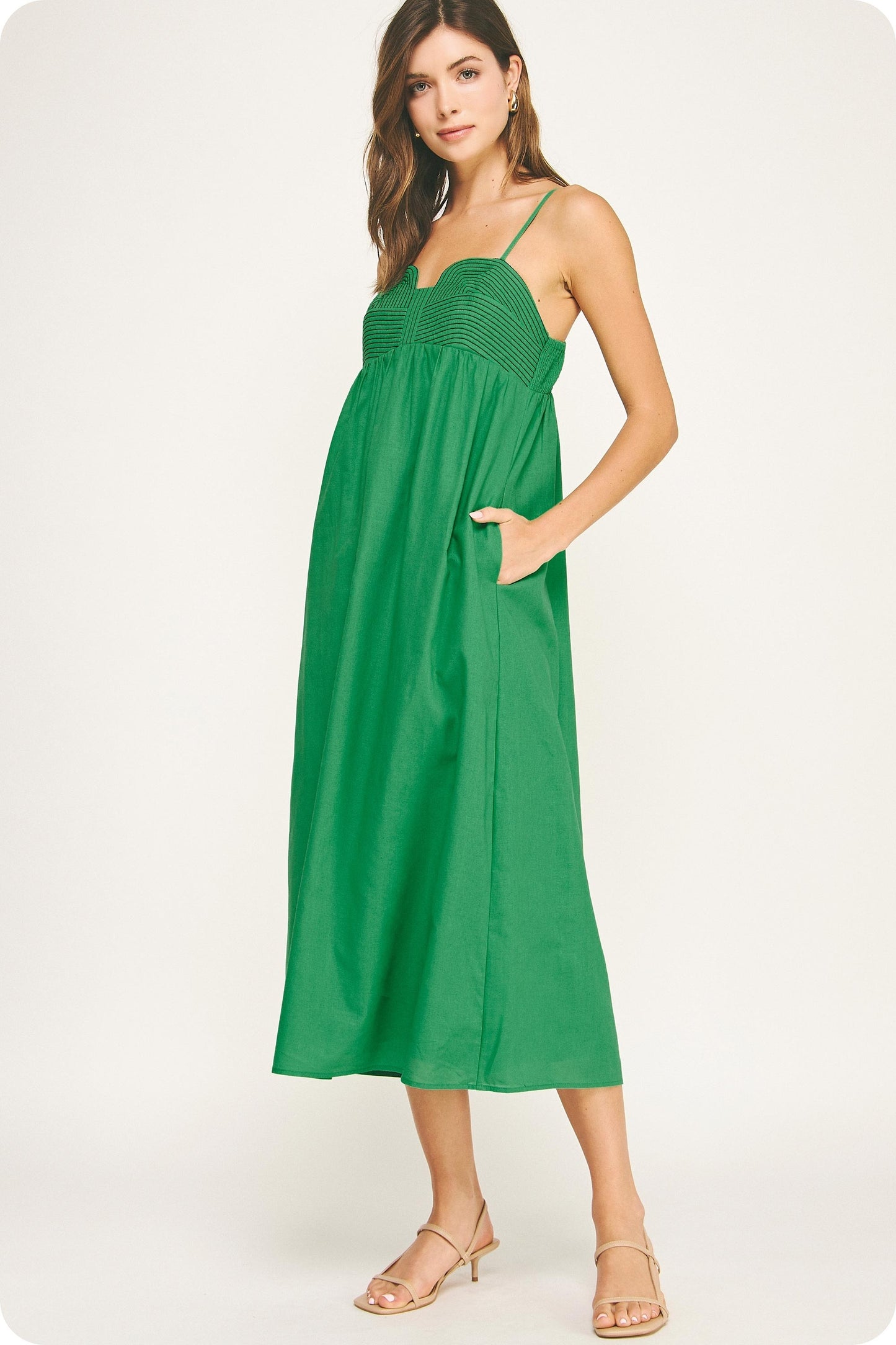 Kelly Green Black Stitching Detail Midi Dress