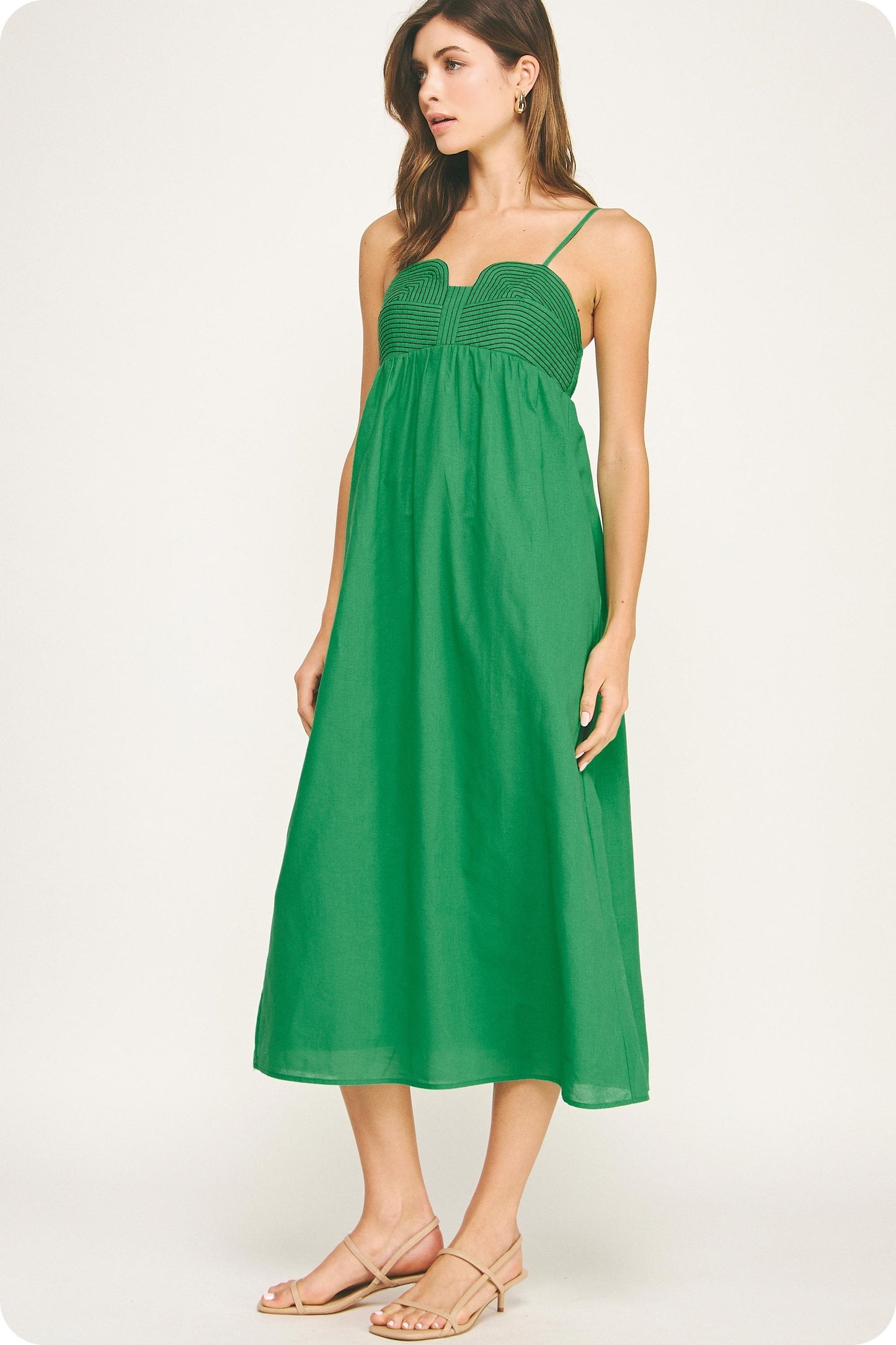 Kelly Green Black Stitching Detail Midi Dress