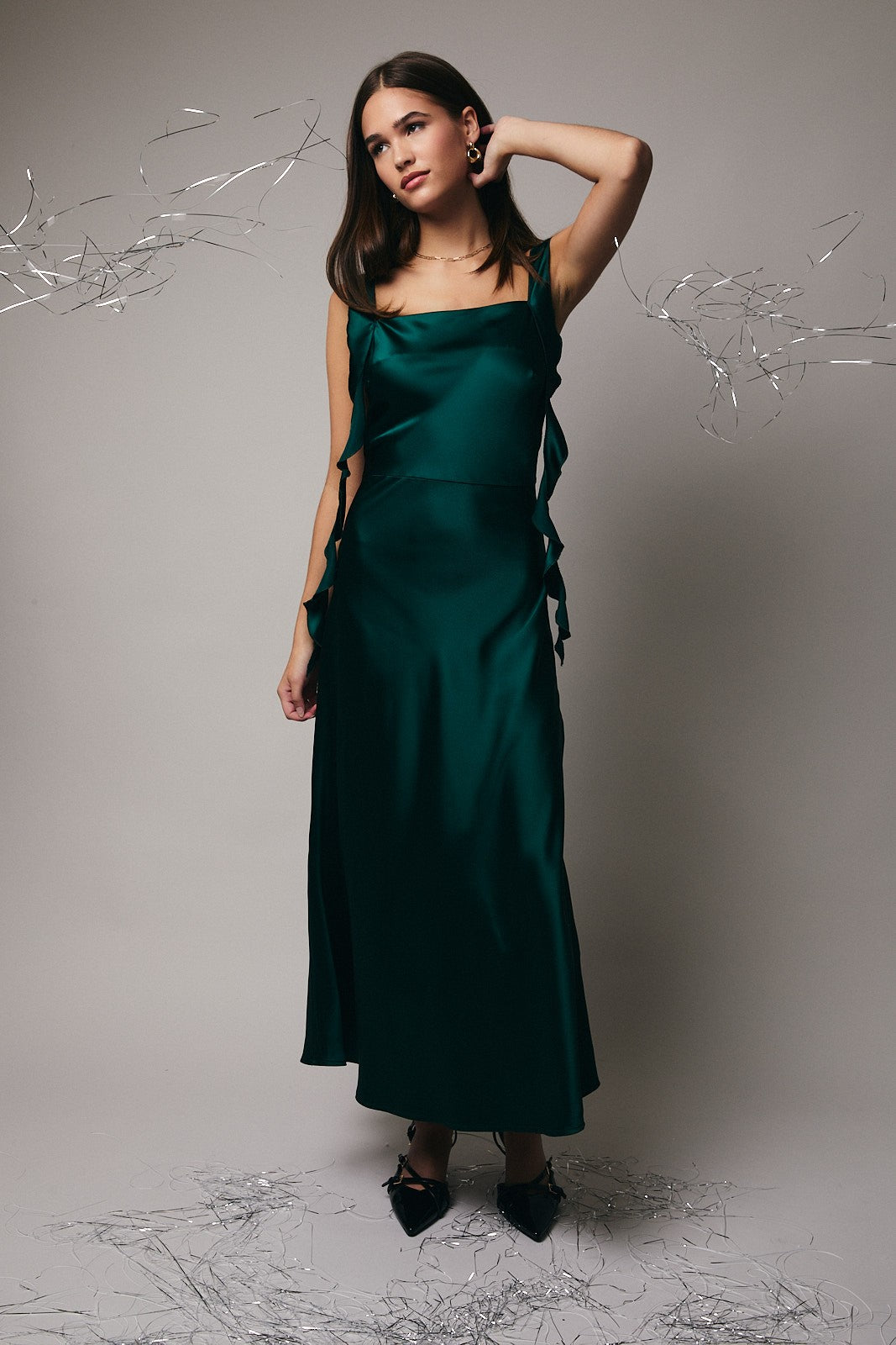 Hunter Green Satin Cowl Neck Midi Dress