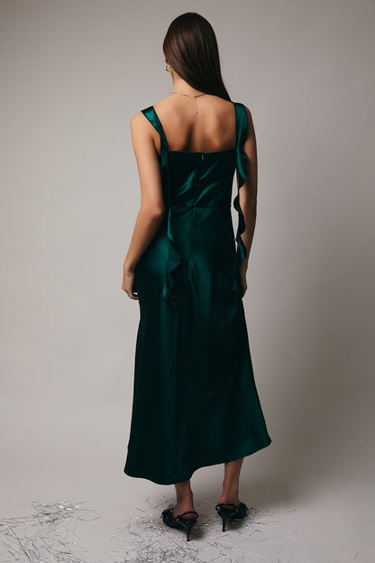Hunter Green Satin Cowl Neck Midi Dress