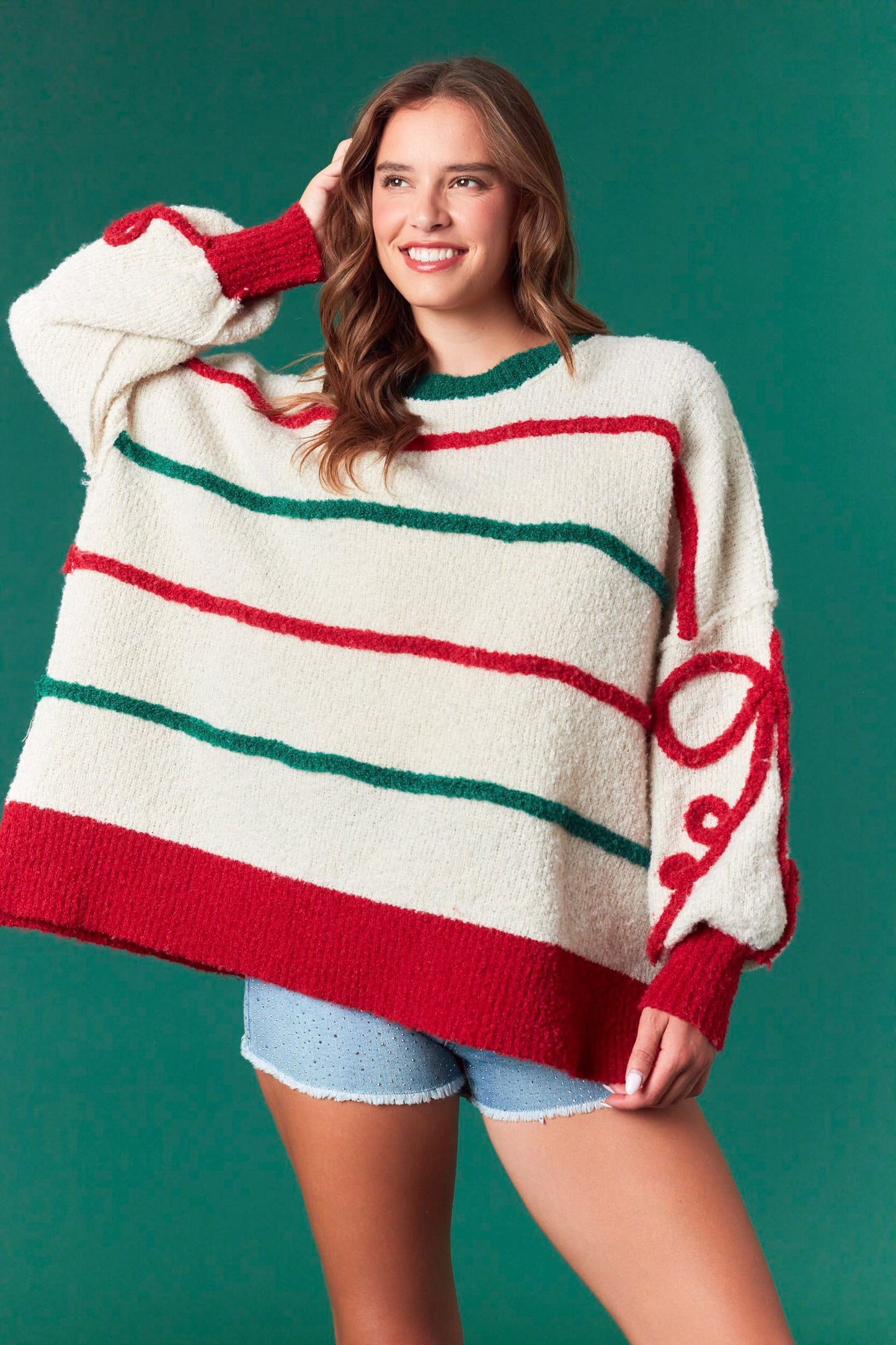 Red/Green Striped Bow Sweater