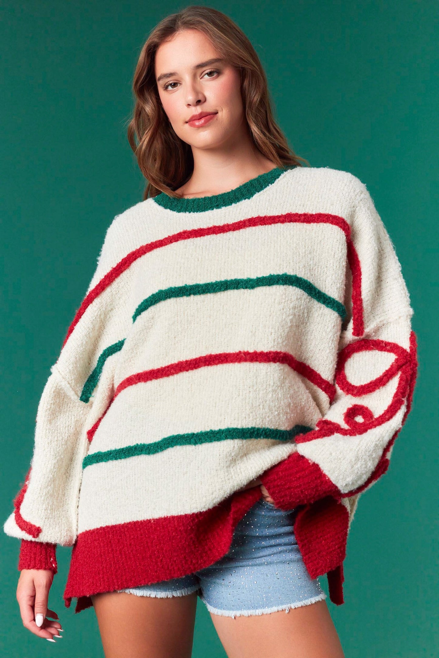 Red/Green Striped Bow Sweater