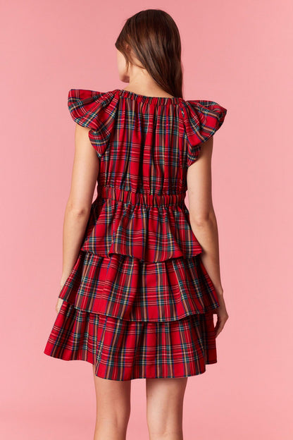 Red Plaid/Velvet Bow Dress