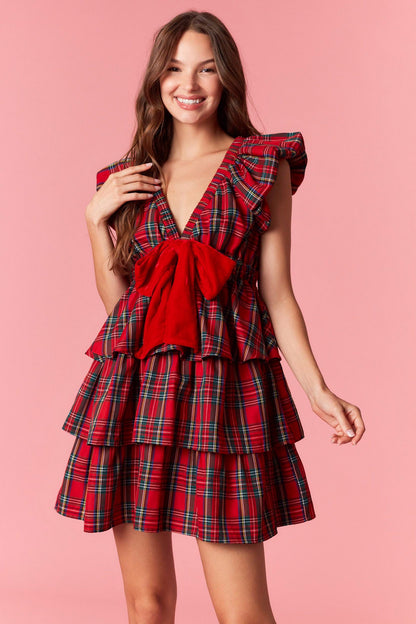 Red Plaid/Velvet Bow Dress