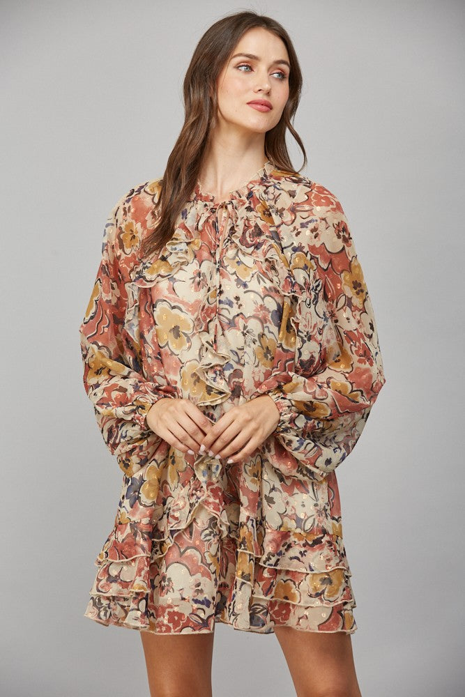Beige Floral/Ruffle Dress