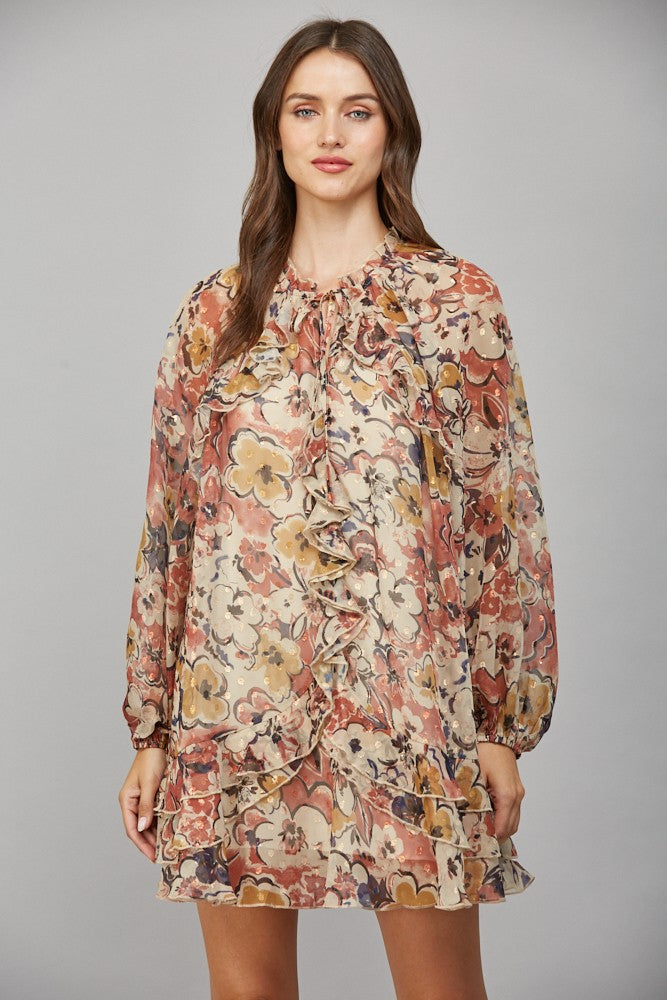 Beige Floral/Ruffle Dress