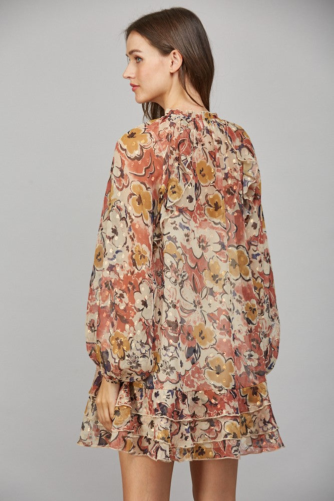 Beige Floral/Ruffle Dress