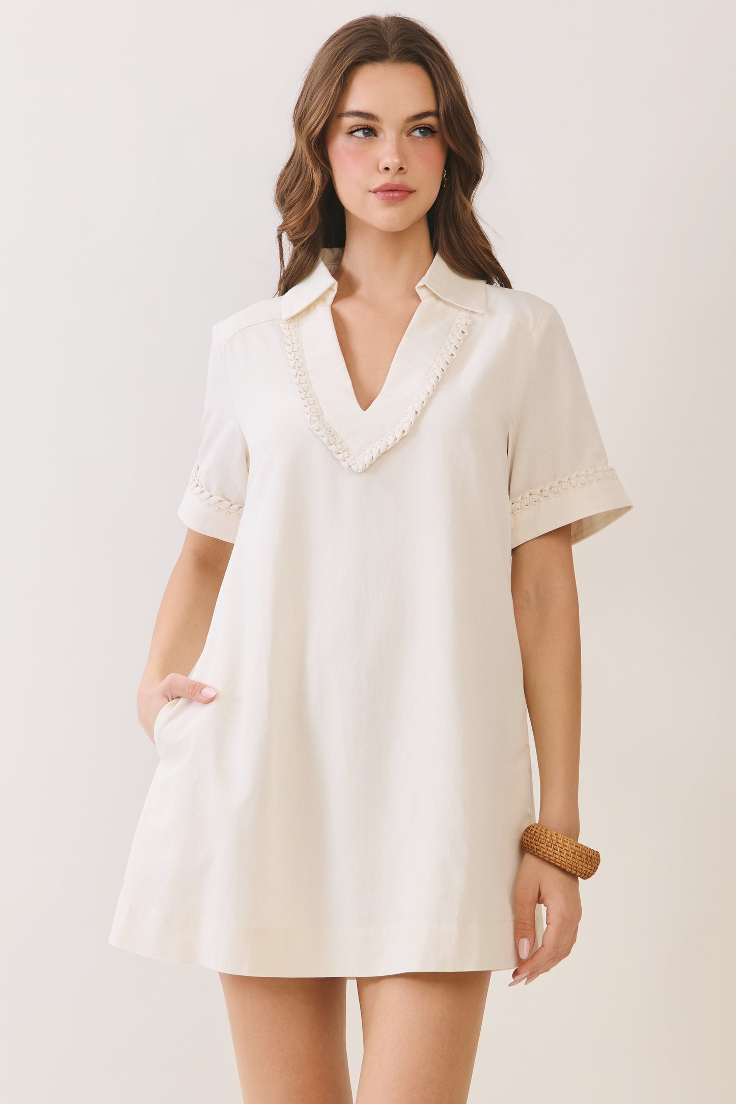 Neutral Edit Braided Trim Mini Dress