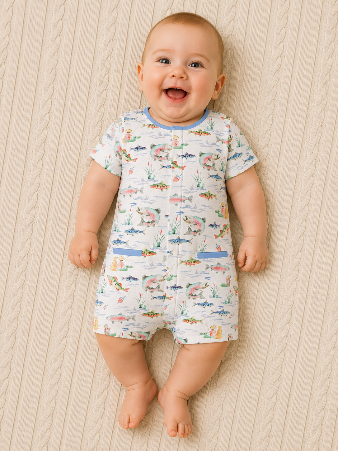 Gone Fishing Romper W/Pipping