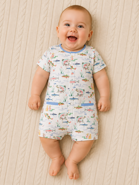 Gone Fishing Romper W/Pipping