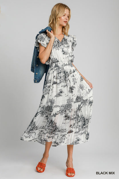 Black Two Tone Landscape Midi Dress