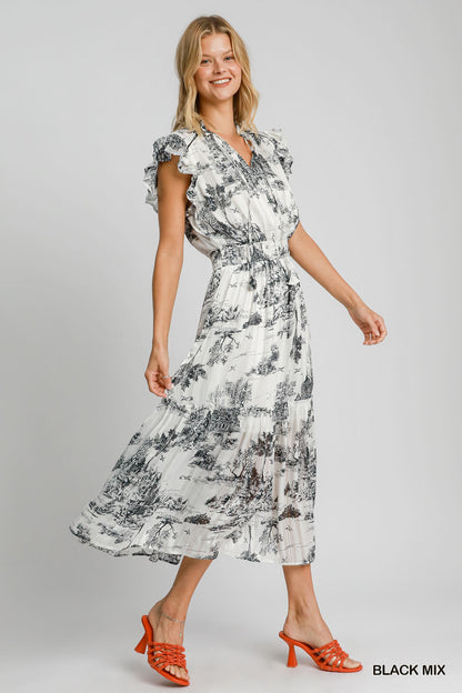 Black Two Tone Landscape Midi Dress
