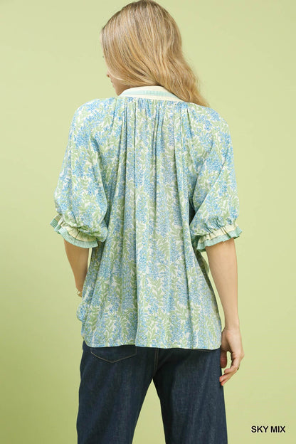 Blue/Green Floral V Neck Top