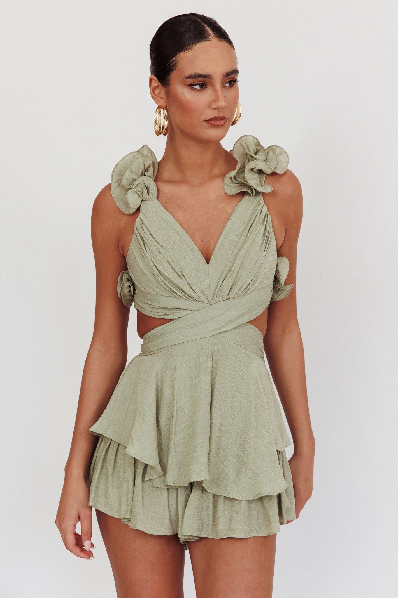 Sage Ruffle Strap Floral Romper