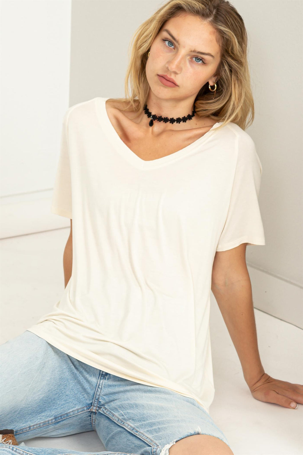 Cream Comfy V Neck Top
