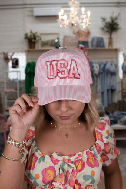 Pink Striped USA Embroidered Patch Hat