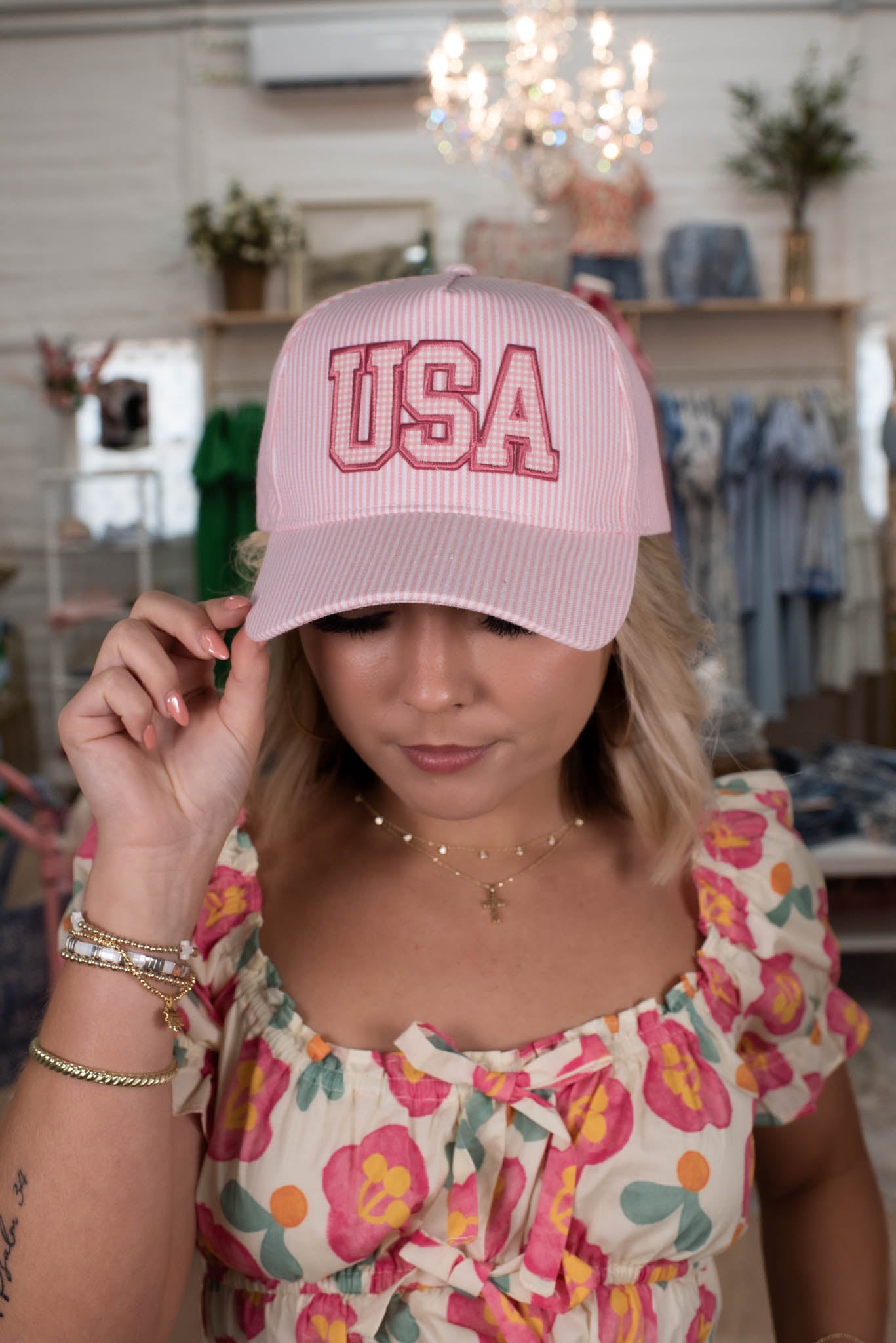 Pink Striped USA Embroidered Patch Hat