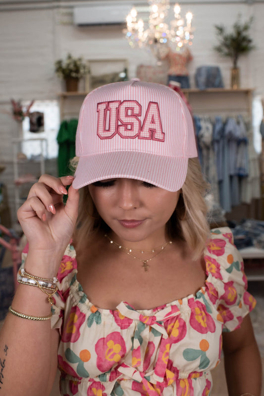 Pink Striped USA Embroidered Patch Hat