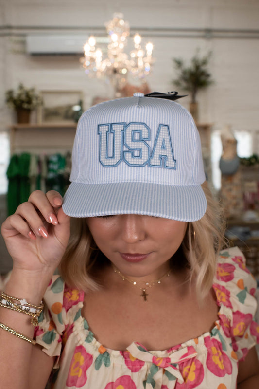 Blue Striped USA Embroidered Patch Hat