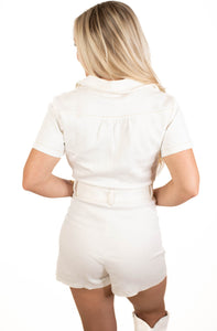 White Zip Front Belted Romper