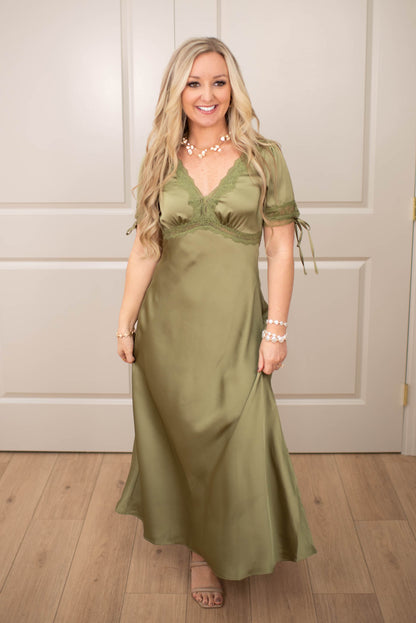 Olive Satin Luxe Maxi Dress