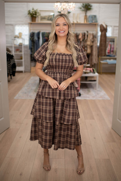 Pecan Pie Plaid Tiered Dress