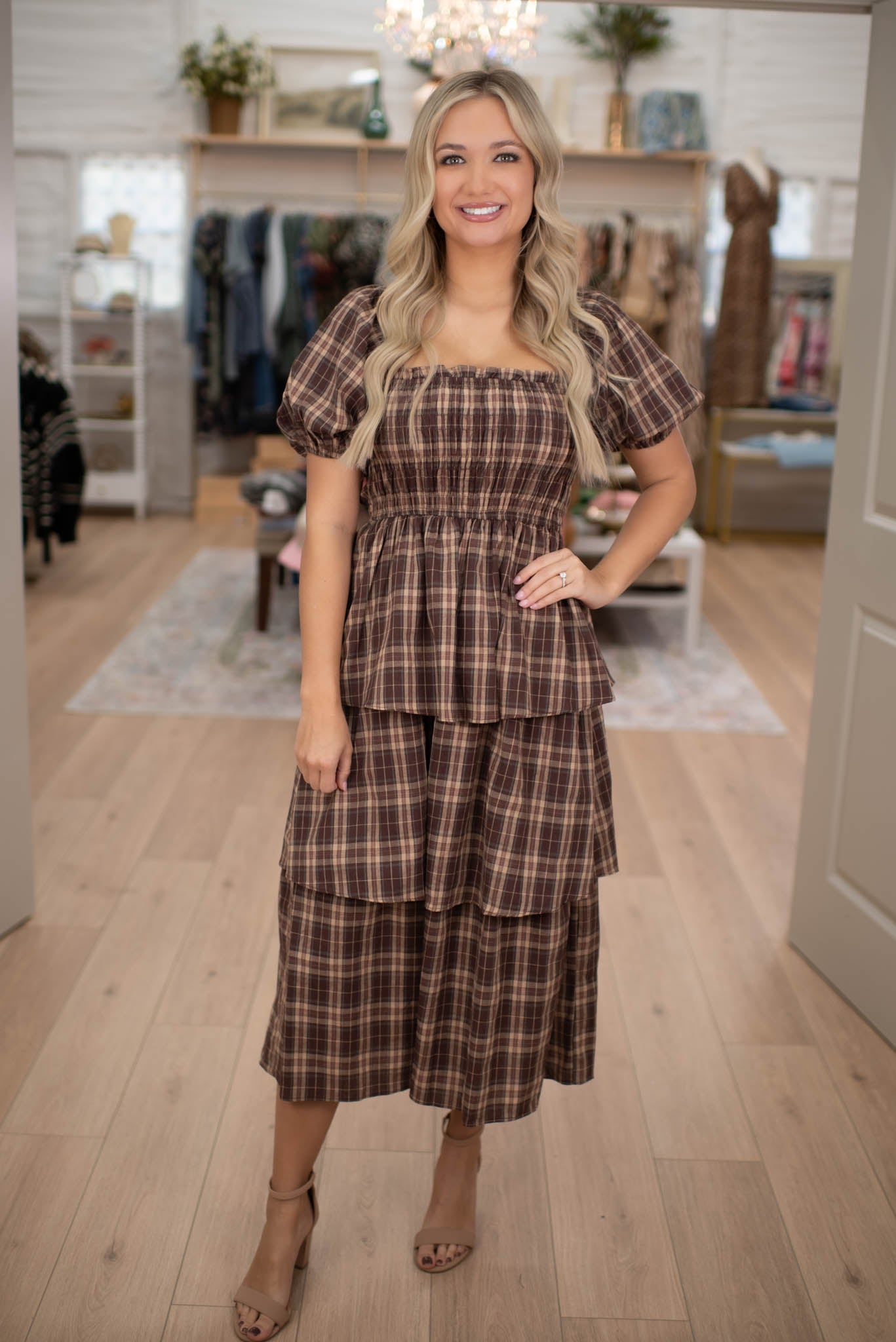 Pecan Pie Plaid Tiered Dress