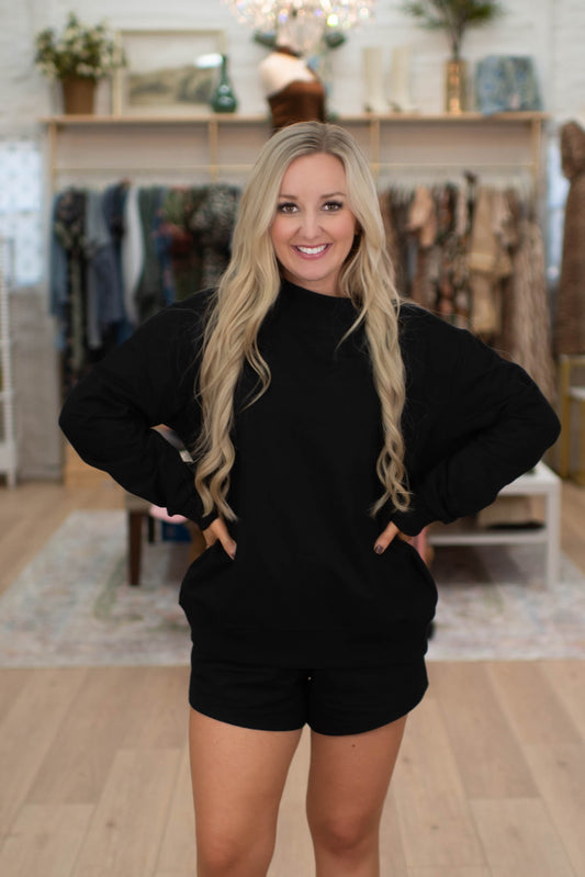 Black Laidback Luxe Crewneck/Shorts Set