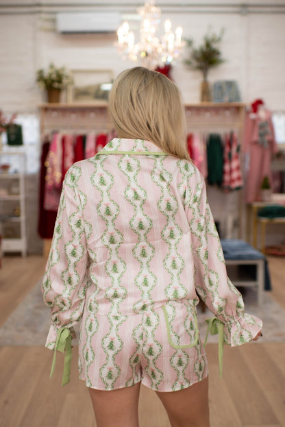 Pink/Green Christmas Tree Satin PJ Set