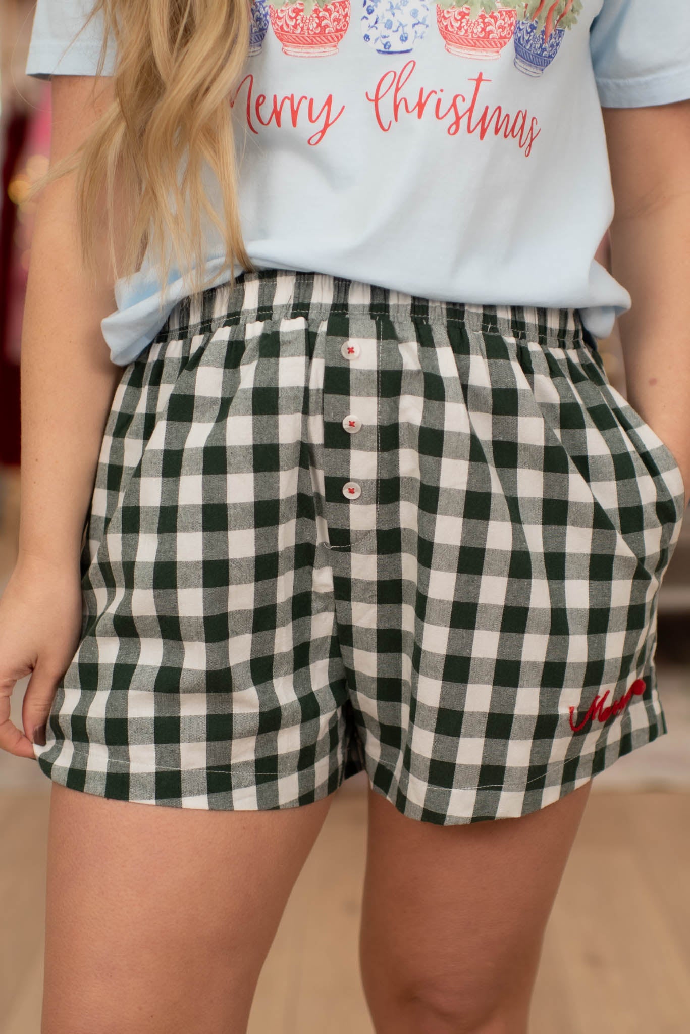 Hunter Green Gingham Shorts W/Merry Lettering