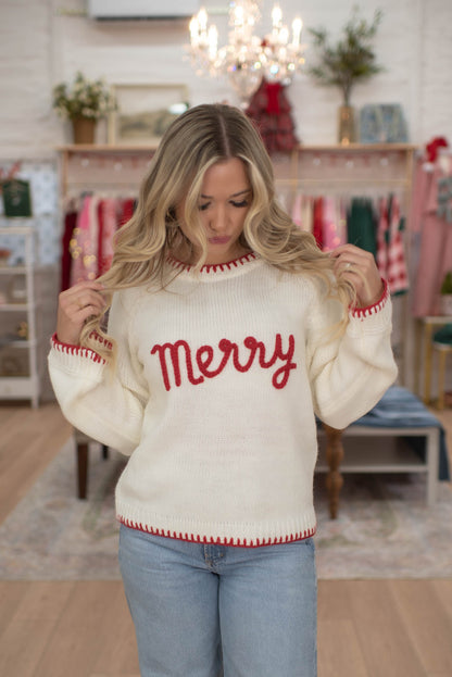 "Merry" Tinsel Christmas Sweater Top