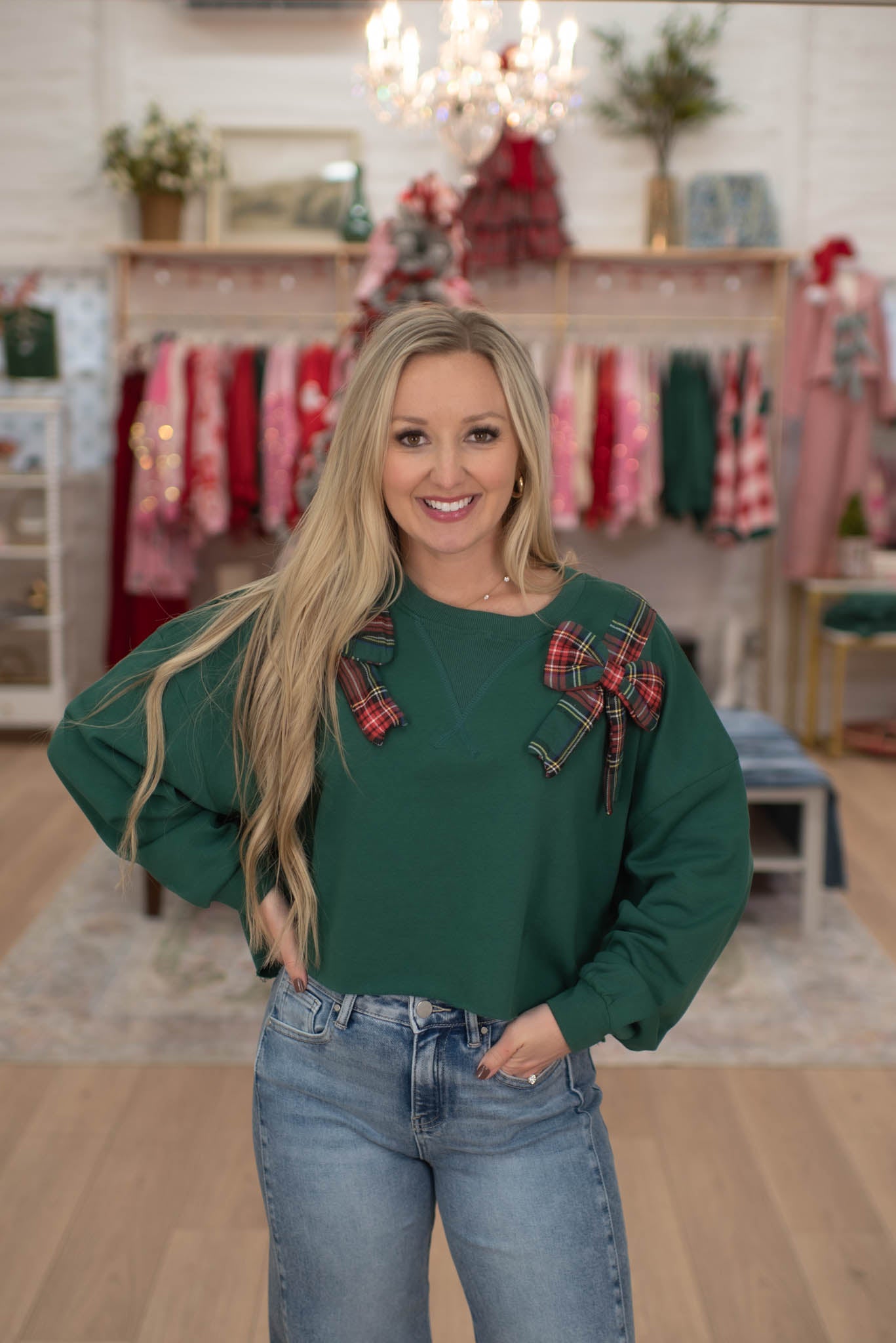Green Cropped Sweater W/Plaid Bows