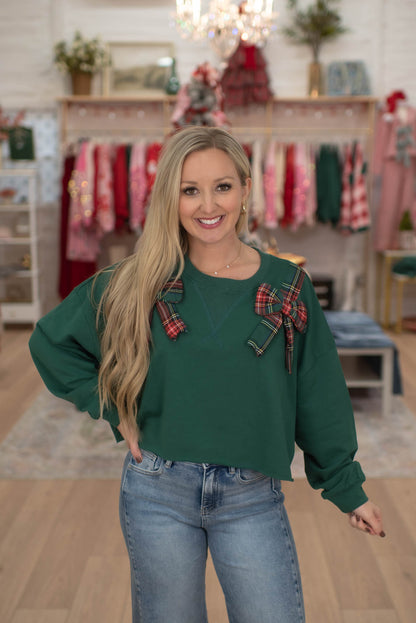 Green Cropped Sweater W/Plaid Bows