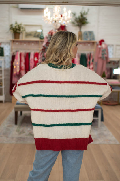 Red/Green Striped Bow Sweater